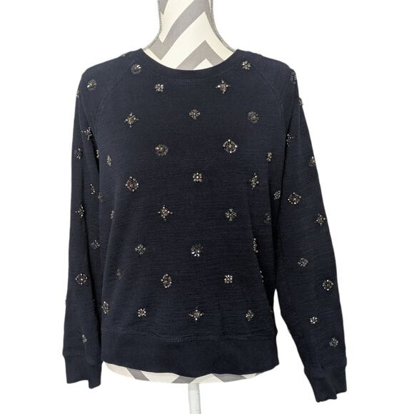 J. Crew Jeweled Embellished Navy Blue Pullover Sweatshirt Sweater Size Large - Picture 2 of 7